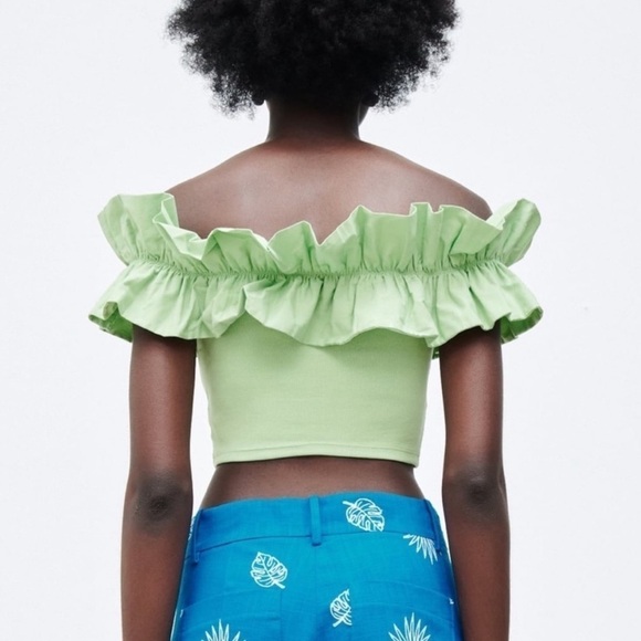 NEW Zara Ruffle Off the Shoulder Green Top Size S Size Small festival - Picture 2 of 6